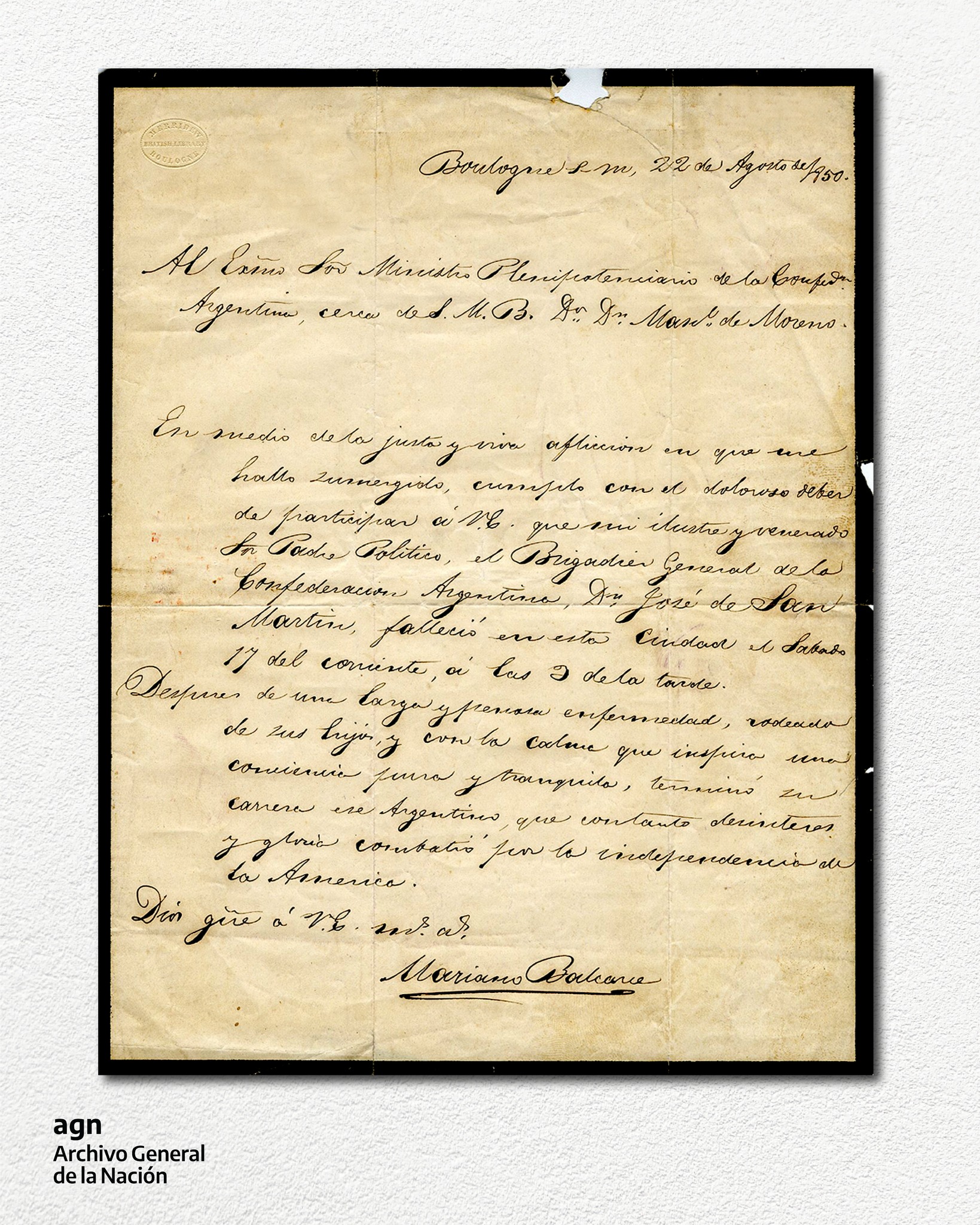 La carta en la que se informa sobre la muerte de San Martín